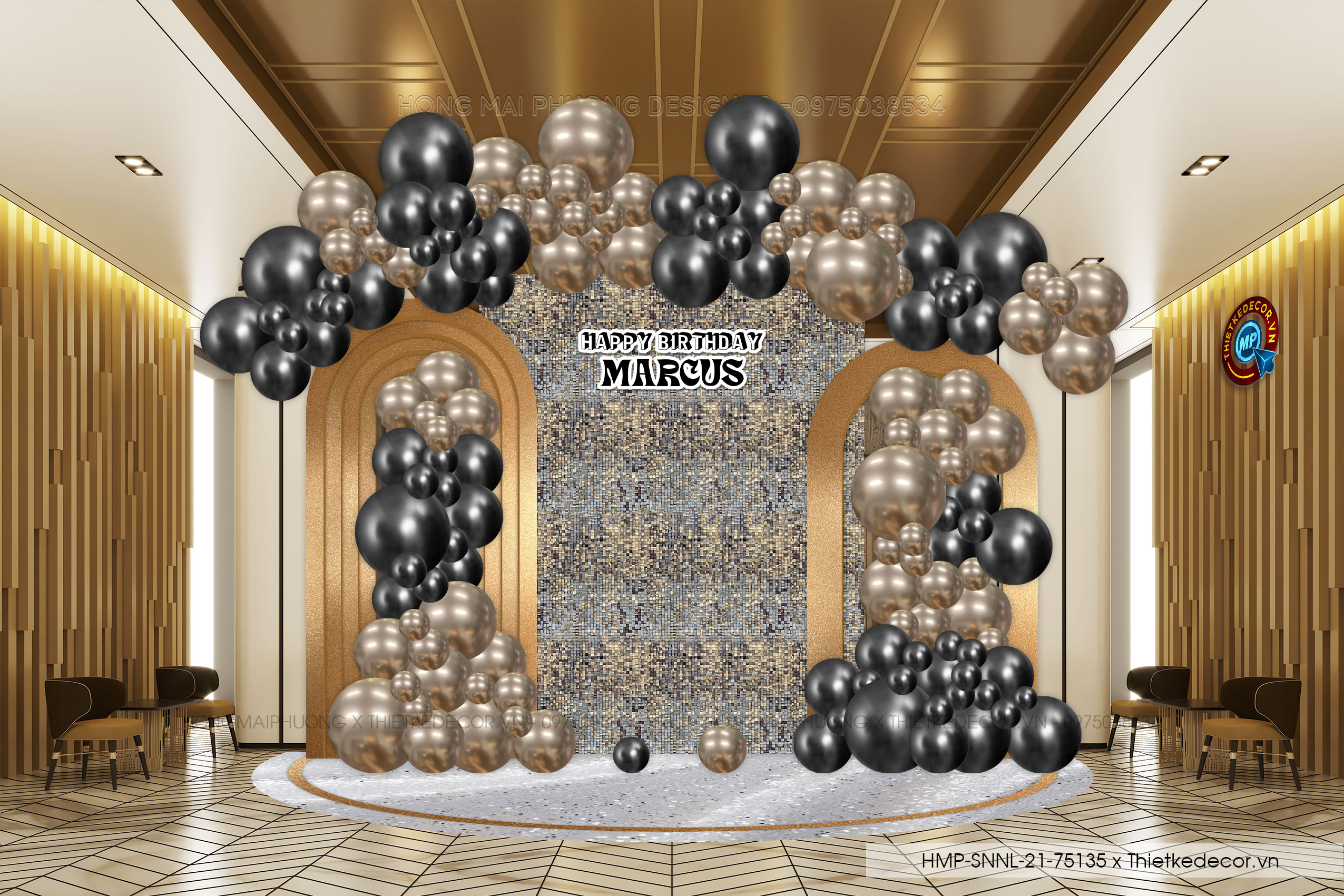 Trang trí tiệc sinh nhật người lớn tone gold luxury- vàng đồng. File thiết kế Backdrop đơn giản sang trọng.